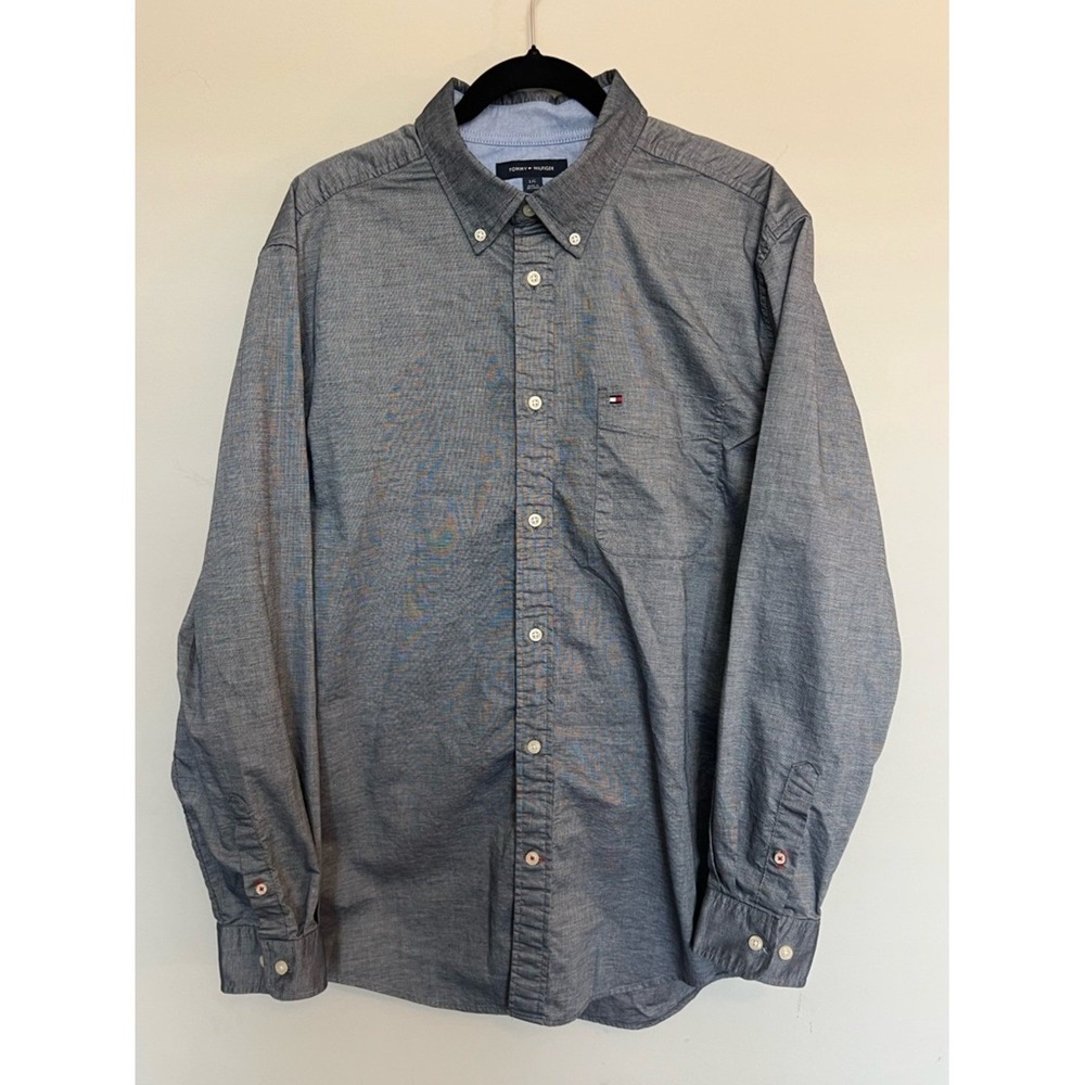 Tommy Hilfiger Mens Classic Fit Button Down Shirt Blue Gray‎ L 78E5393 Lg Sleeve